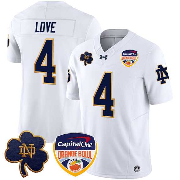 Men%27s Notre Dame Fighting Irish #4 Jeremiyah Love White F.U.S.E. 2024 Orange Bowl Patch Limited Stitched Jersey Dzhi